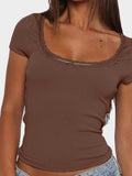 Lace Detail Scoop Neck Short Sleeve T-Shirt - Trendsi - Flyclothing LLC