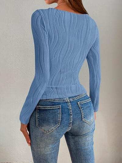 Textured Round Neck Long Sleeve Top - Trendsi - Flyclothing LLC