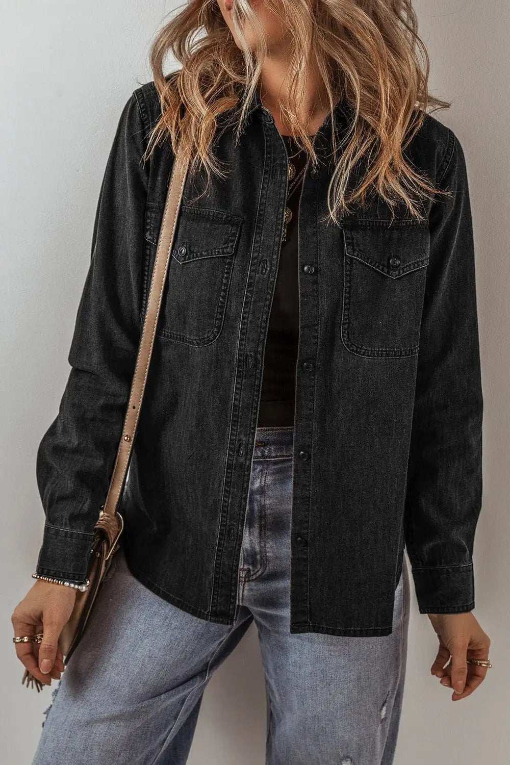 Button Up Long Sleeve Denim Jacket - Trendsi - Flyclothing LLC