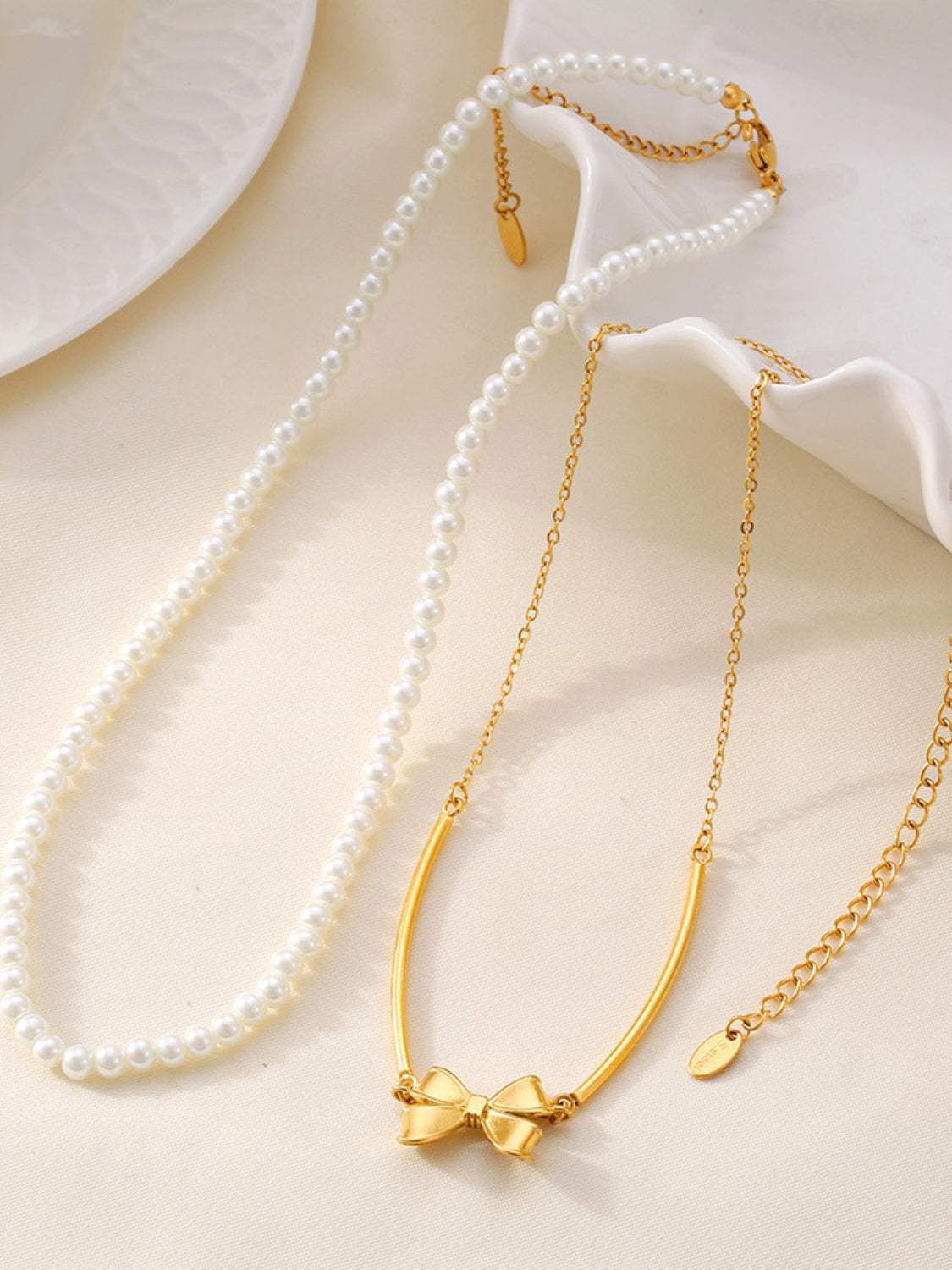 3 Piece Pearl Necklace, Bow Necklace and Stud Earrings Jewelry Set - Trendsi - Flyclothing LLC