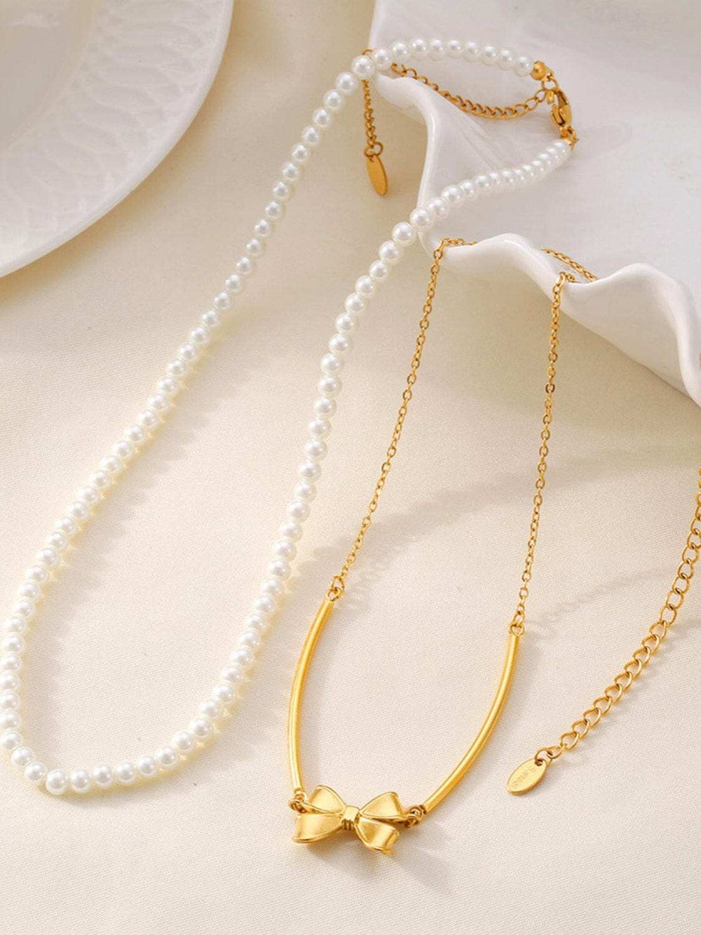 3 Piece Pearl Necklace, Bow Necklace and Stud Earrings Jewelry Set - Trendsi - Flyclothing LLC