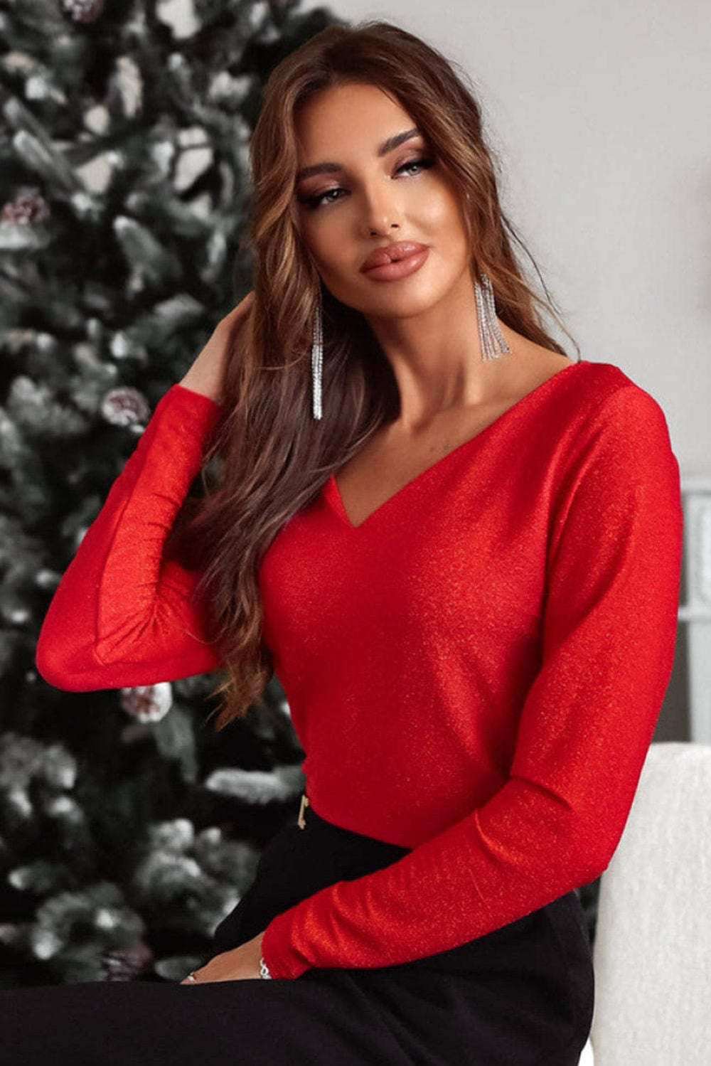 Bowknot V-Neck Long Sleeve Blouse - Trendsi - Flyclothing LLC