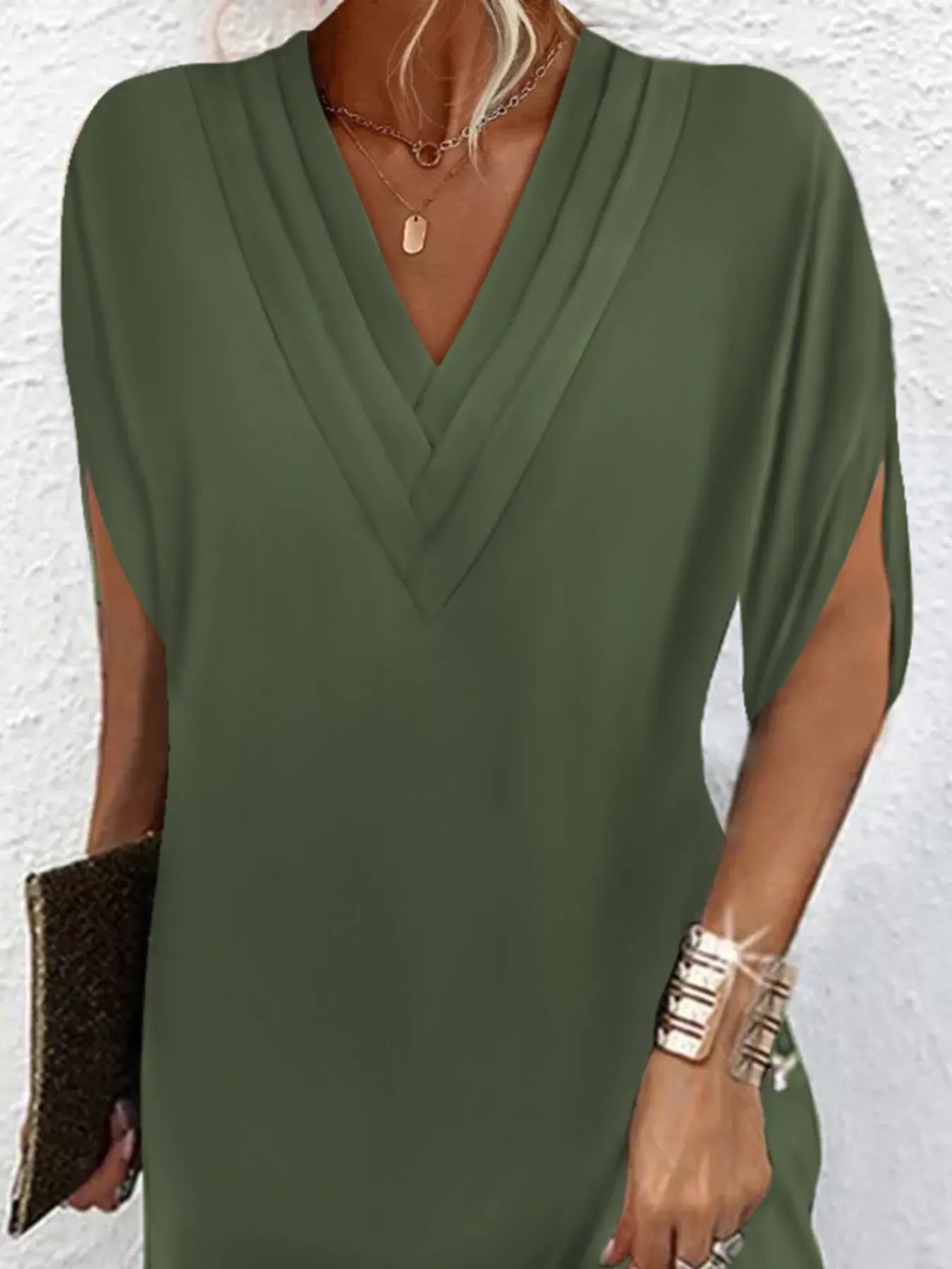 Full Size V-Neck Slit Sleeve Mini Dress Plus Size - Trendsi - Flyclothing LLC