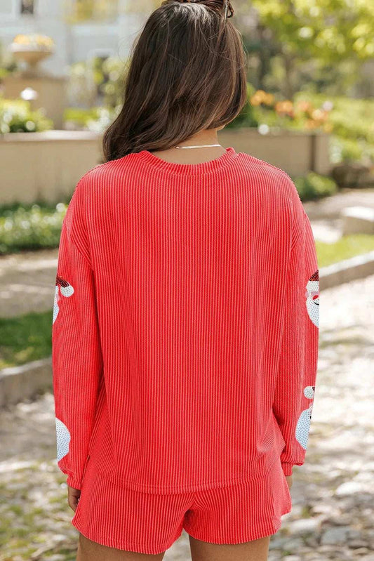 Sequin Santa Round Neck Long Sleeve Top and Shorts Set - Trendsi - Flyclothing LLC