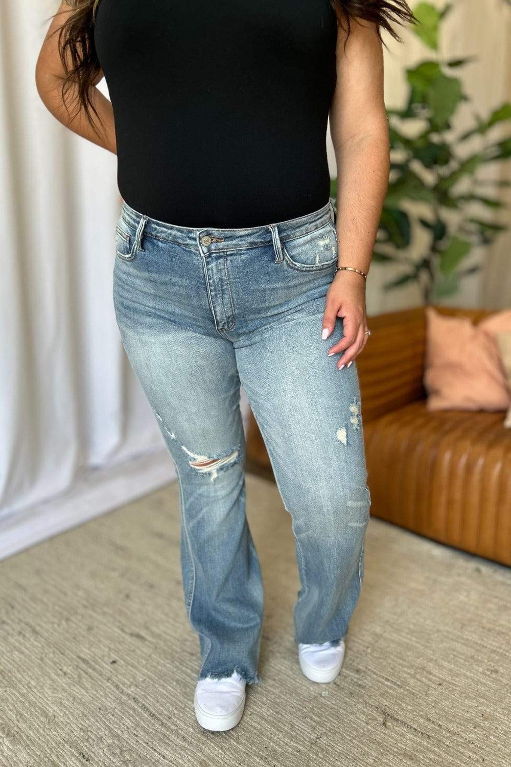 Judy Blue Full Size Medium Rise Tummy Control Destroy Flare - Trendsi - Flyclothing LLC