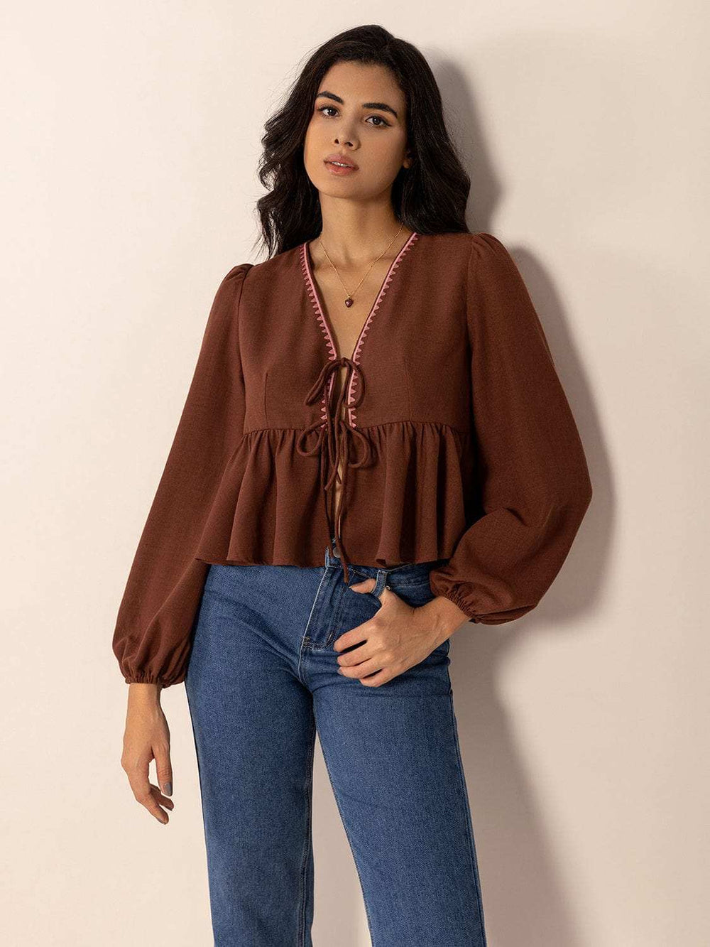 Peplum Tied V-Neck Long Sleeve Blouse - Trendsi - Flyclothing LLC