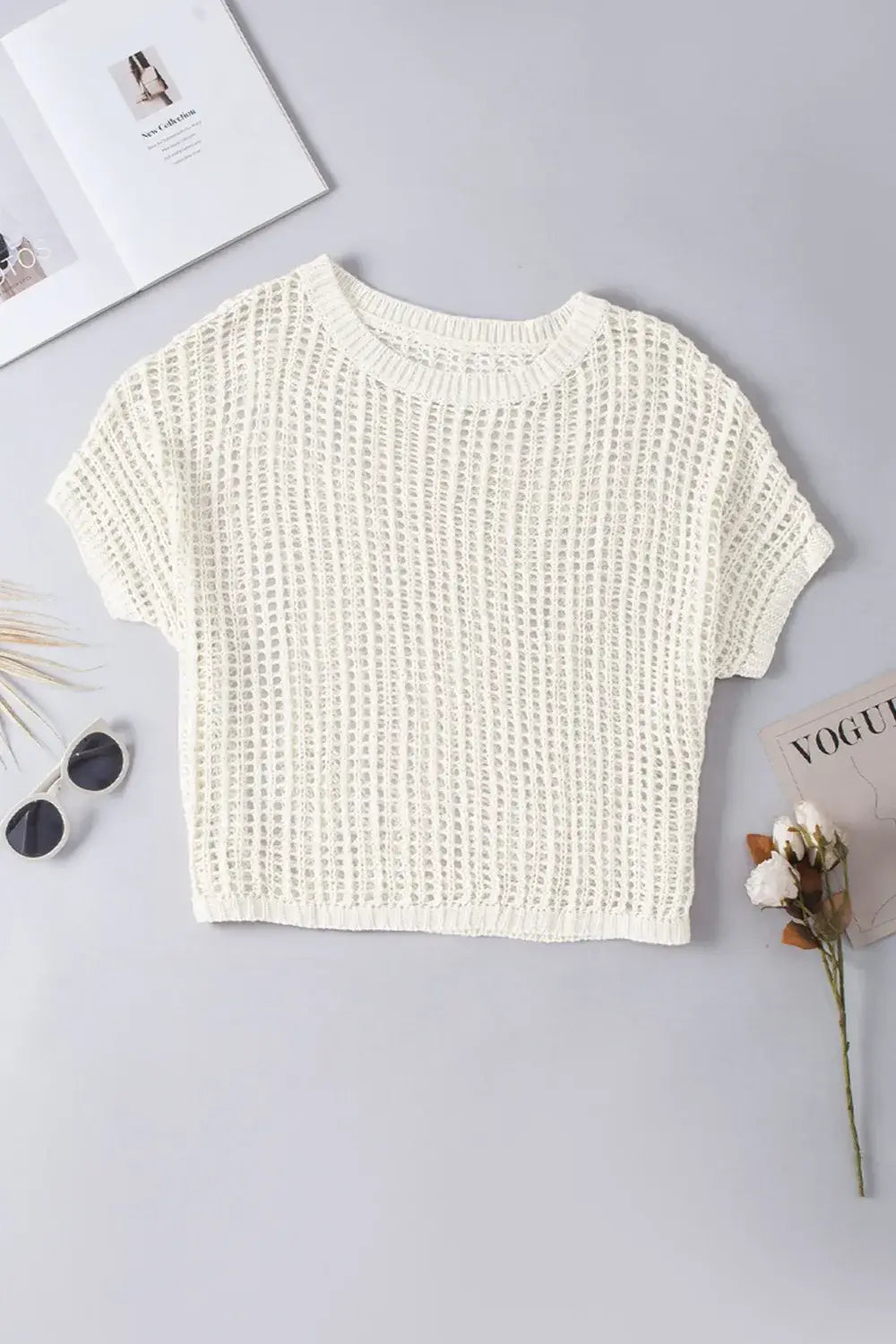 Openwork Round Neck Half Sleeve Knit Cover Up - Trendsi - Flyclothing LLC