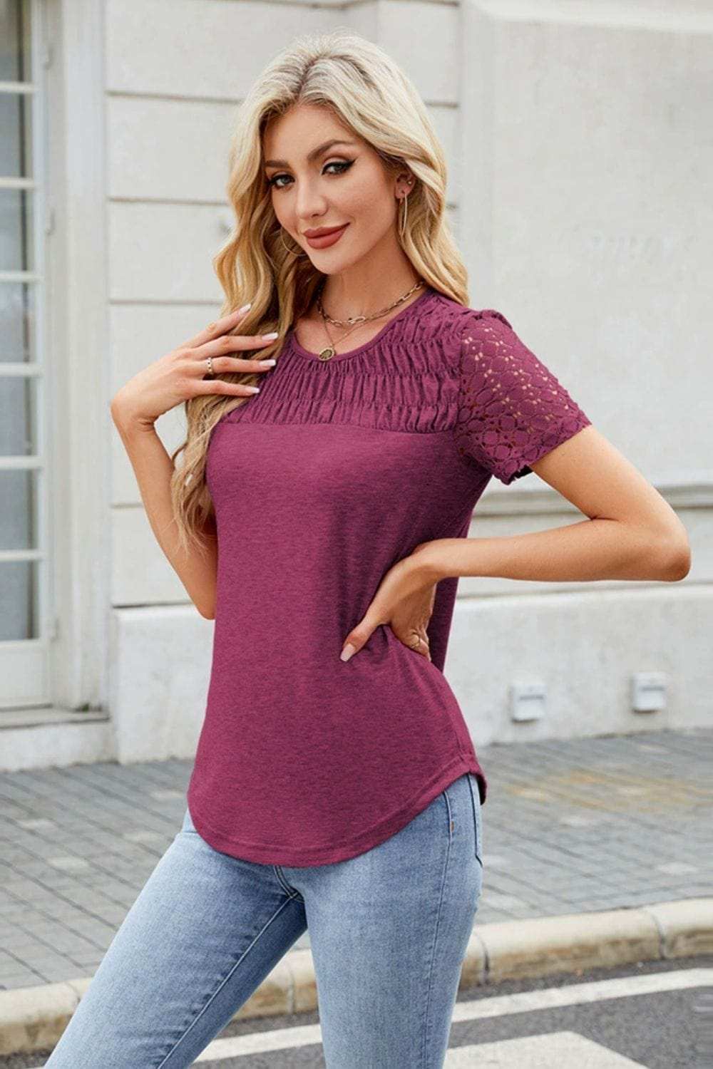 Smocked Round Neck Short Sleeve T-Shirt - Trendsi - Flyclothing LLC