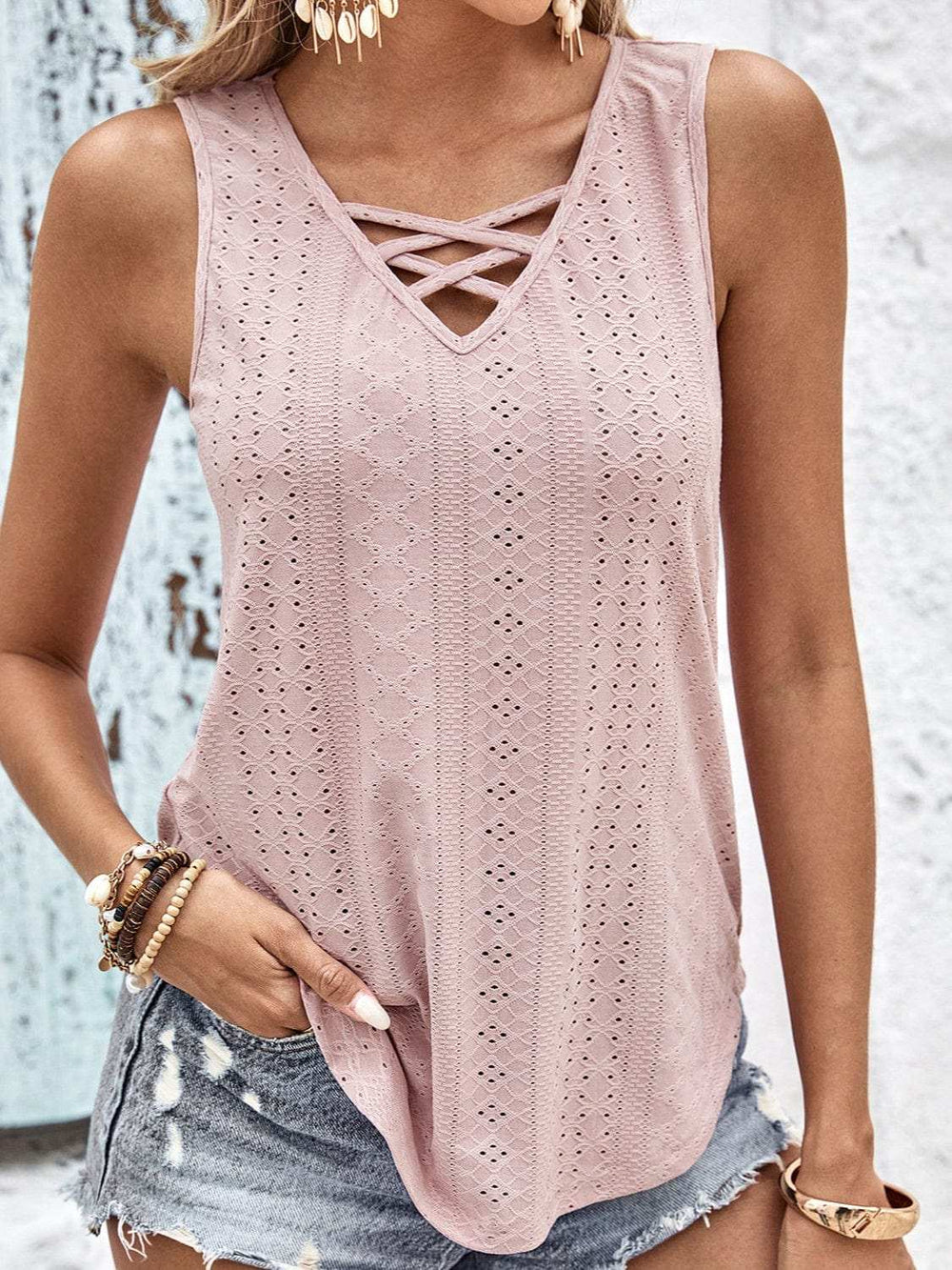 Eyelet Wide Strap Tank - Trendsi - Flyclothing LLC