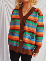 Contrast Stripes Button Up Long Sleeve Cardigan - Trendsi