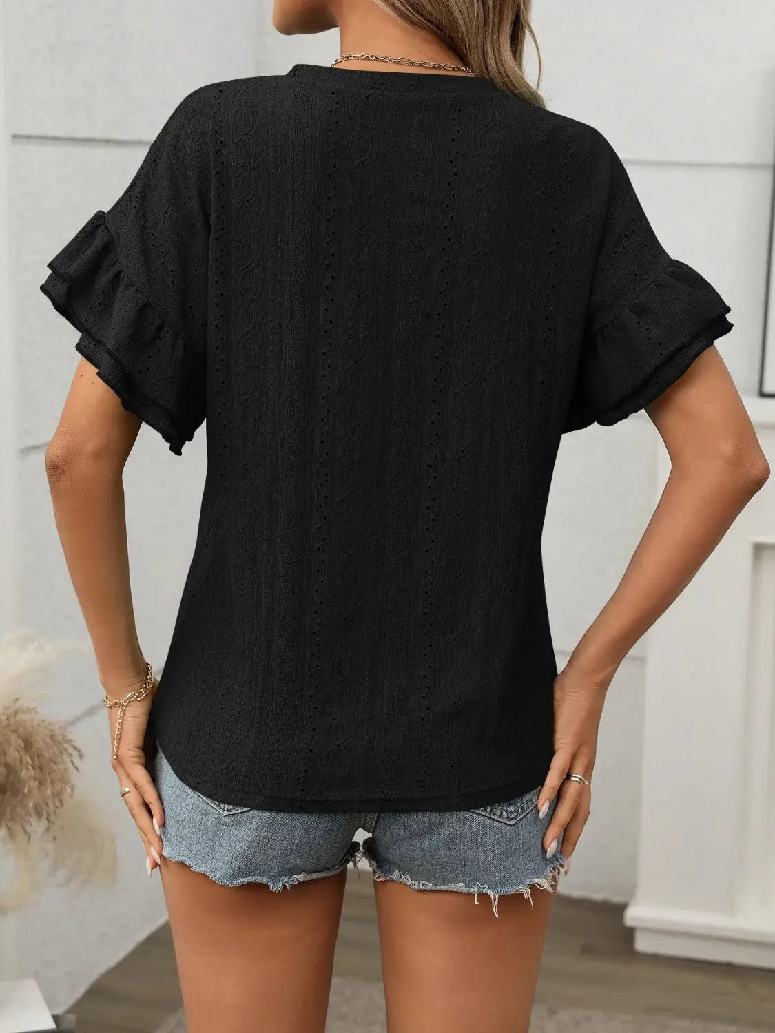 Eyelet Round Neck Flounce Sleeve Top - Trendsi - Flyclothing LLC