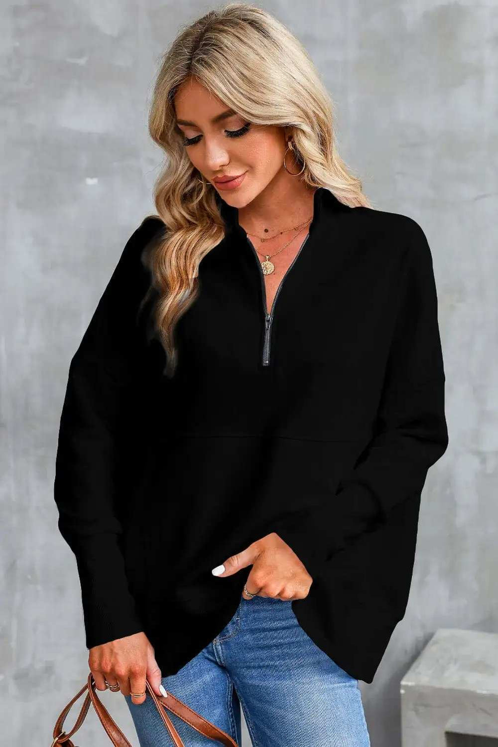 Half Zip Pocketed Dropped Shoulder Sweatshirt - Trendsi - Flyclothing LLC