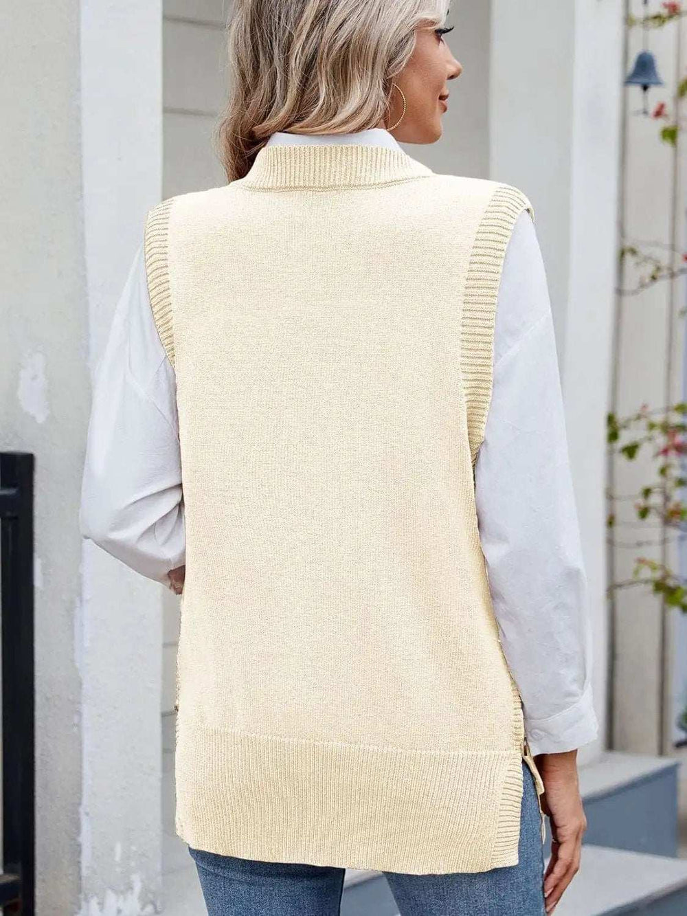 Buttoned Round Neck Sweater Vest - Trendsi - Flyclothing LLC