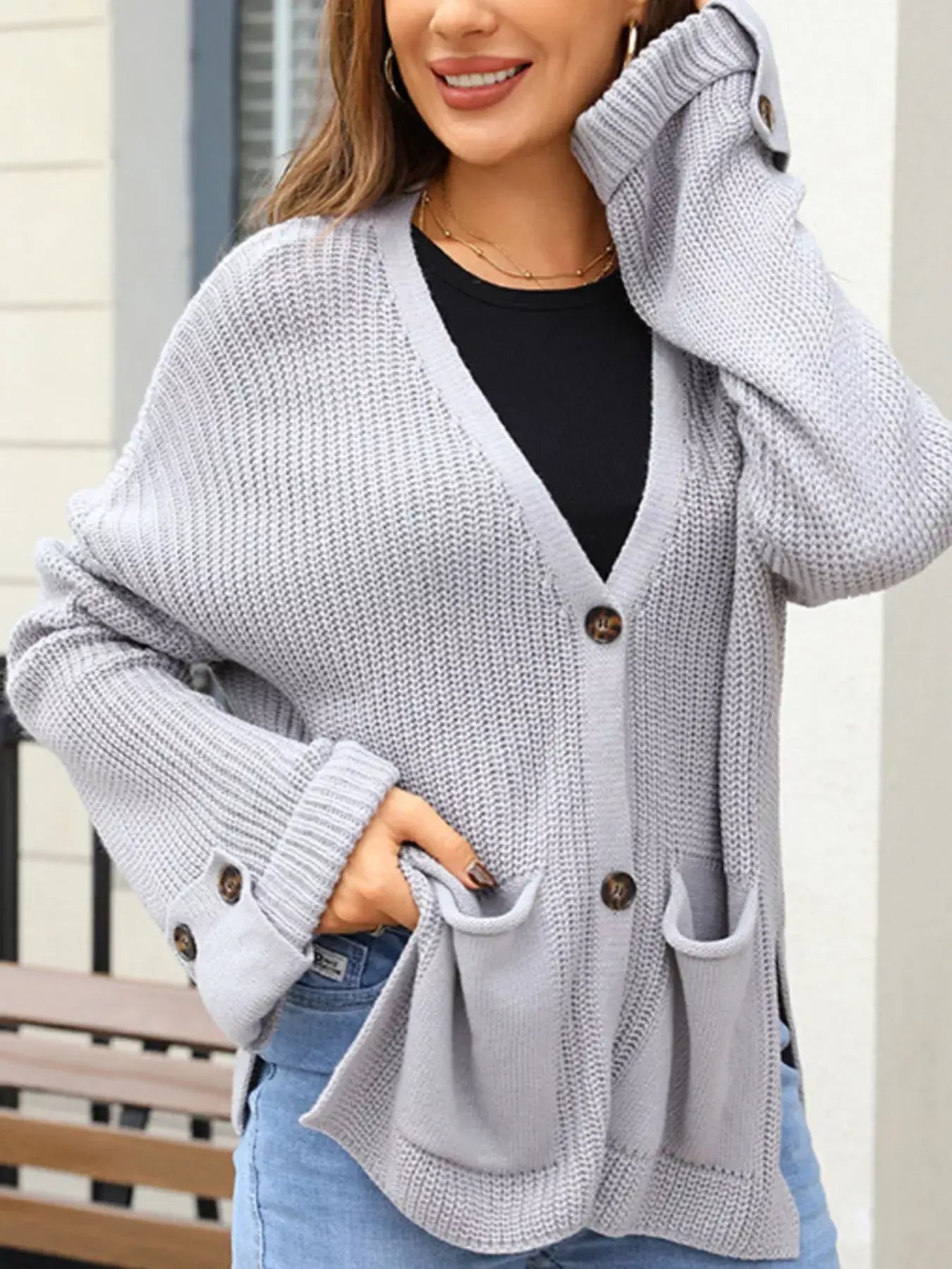 Oversized Knit Button-Down Cardigan - Trendsi - Flyclothing LLC