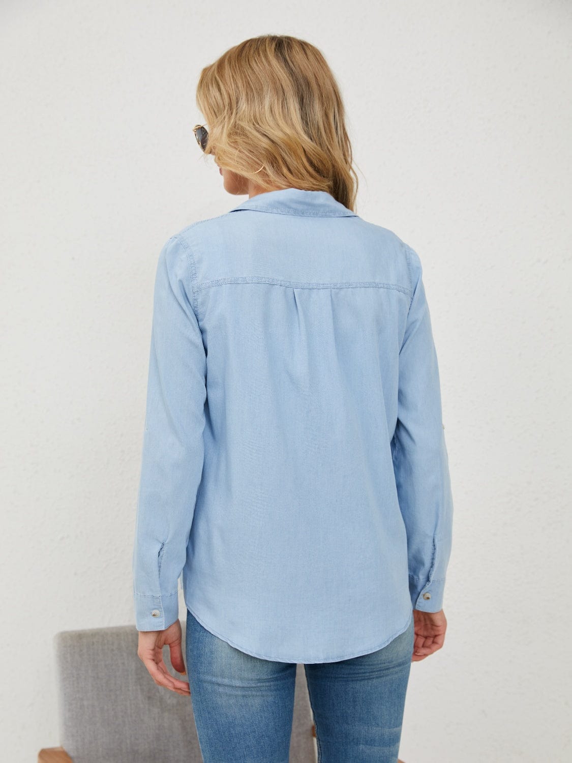 Pocketed Button Up Long Sleeve Denim Shirt - Trendsi