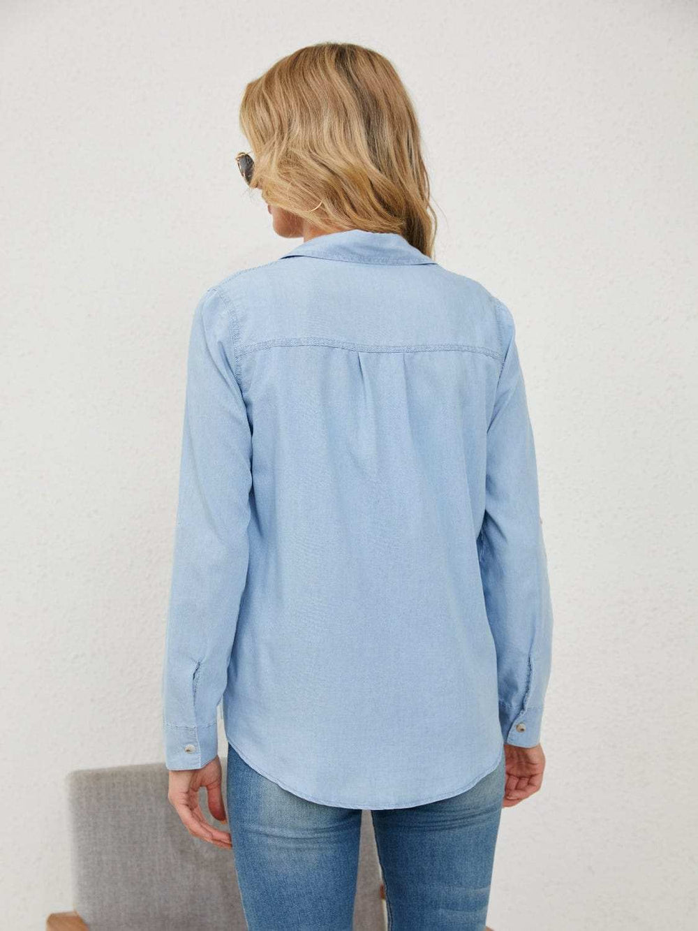 Pocketed Button Up Long Sleeve Denim Shirt - Trendsi - Flyclothing LLC