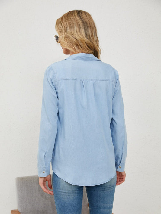 Pocketed Button Up Long Sleeve Denim Shirt - Trendsi