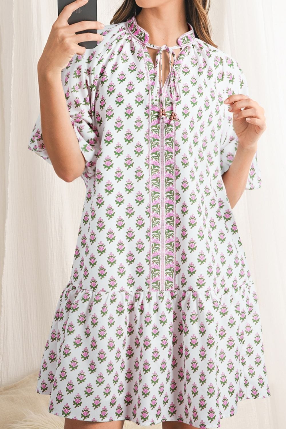 Floral Print Puff Sleeve Tie Neck Ruffled Hem Dress - Trendsi