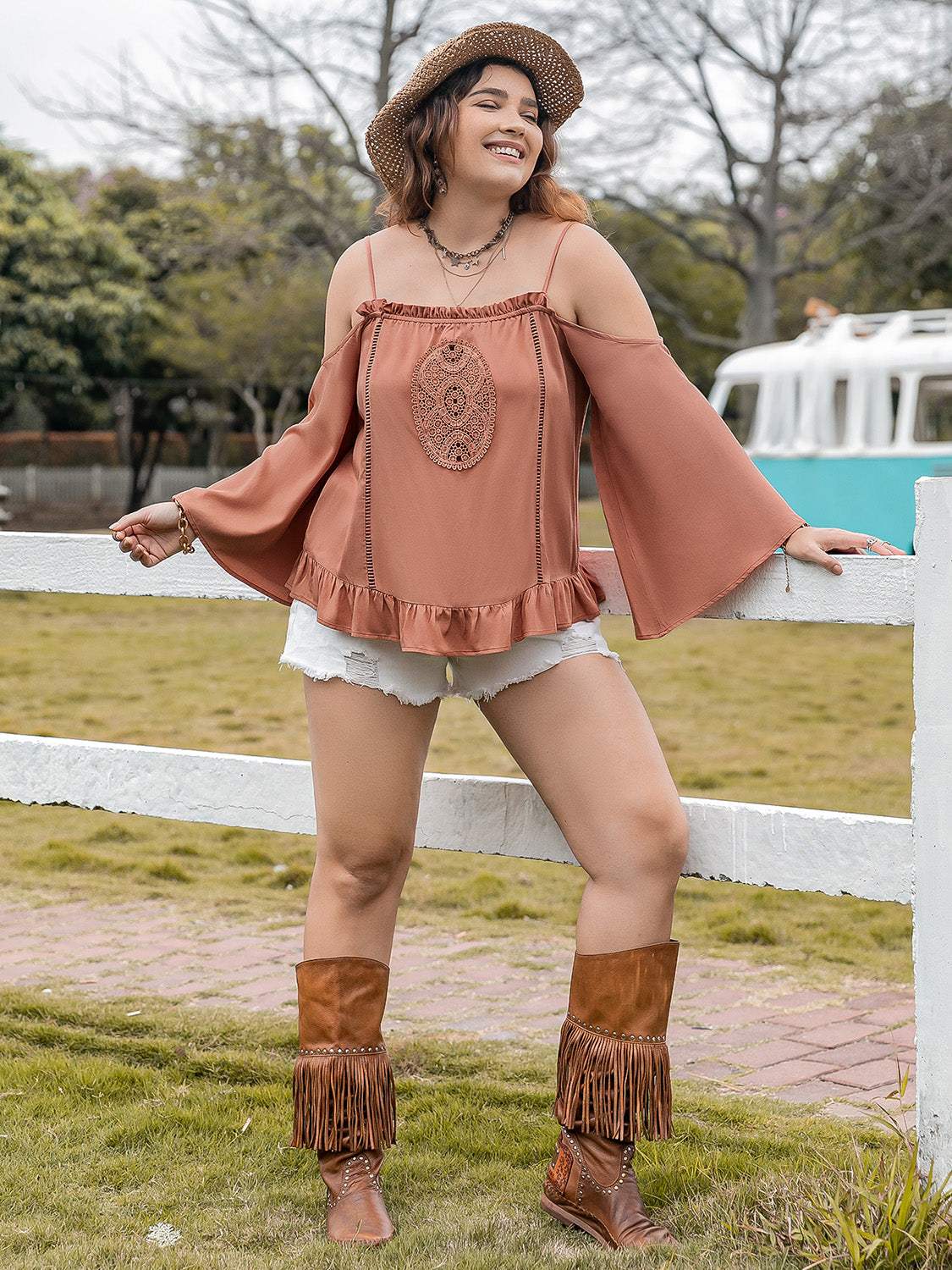 Plus Size Frill Square Neck Long Sleeve Blouse - Trendsi - Flyclothing LLC