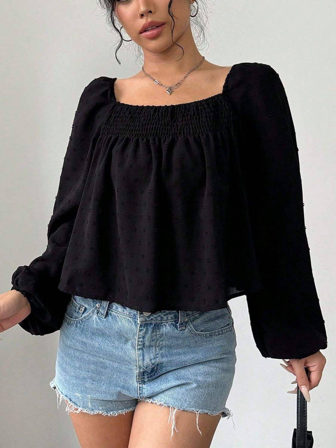 Swiss Dot Square Neck Long Sleeve Blouse - Trendsi - Flyclothing LLC