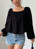 Swiss Dot Square Neck Long Sleeve Blouse - Trendsi - Flyclothing LLC
