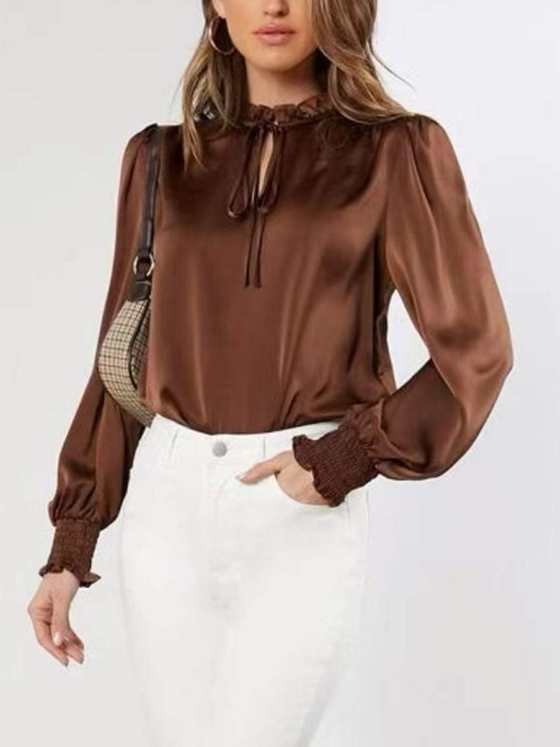 Frill Tied Lantern Sleeve Blouse - Trendsi - Flyclothing LLC