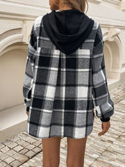 Devine Drawstring Plaid Long Sleeve Hoodie - Trendsi