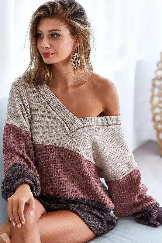 BiBi Color Block Out Stitching V-Neck Knit Top - Trendsi - Flyclothing LLC