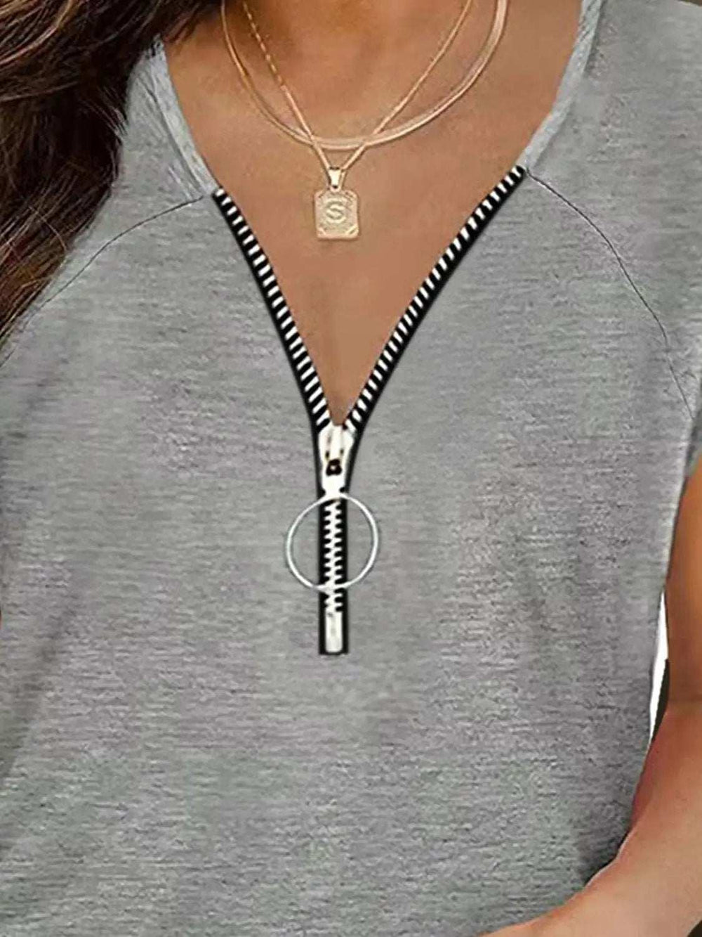 Full Size Half Zip Cap Sleeve T-Shirt - Trendsi - Flyclothing LLC