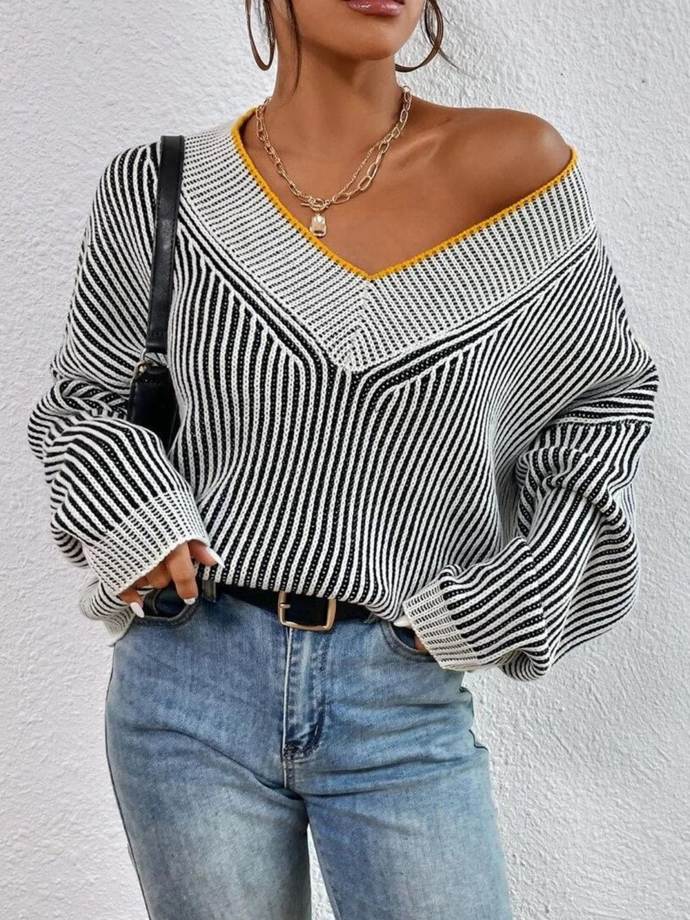 Striped V-Neck Long Sleeve Sweater - Trendsi