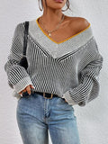 Striped V-Neck Long Sleeve Sweater - Trendsi