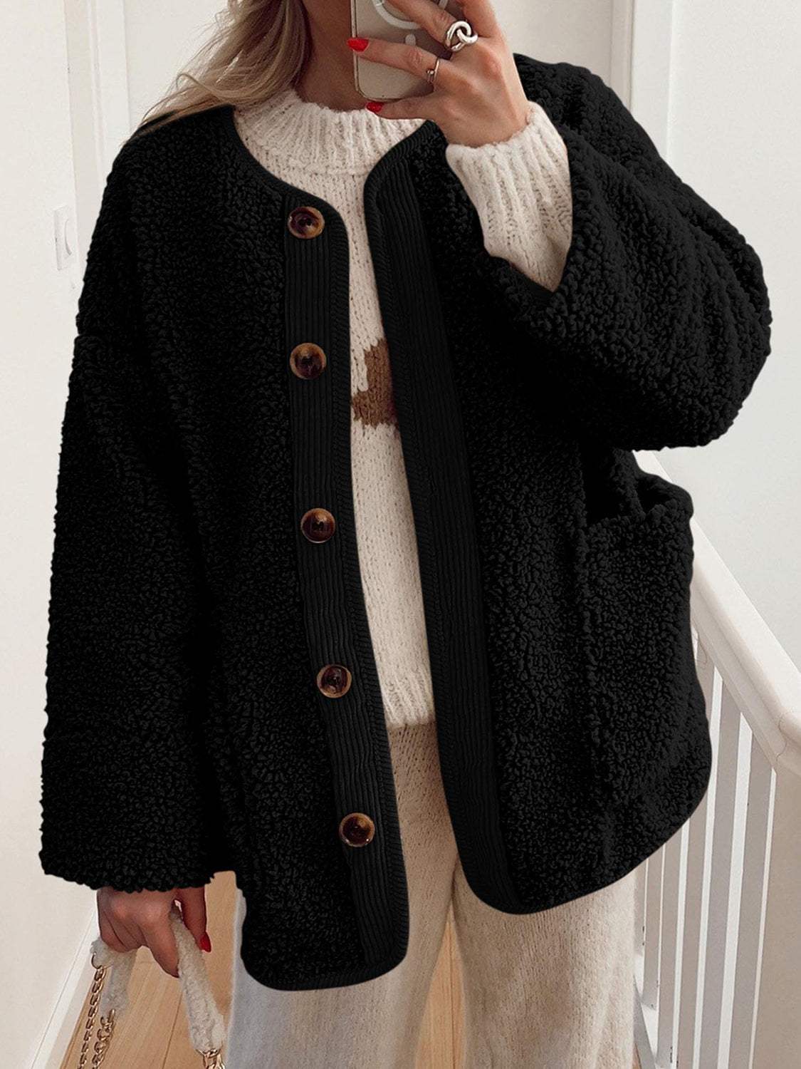 Contrast Button Up Sherpa Jacket with Pockets - Trendsi - Flyclothing LLC