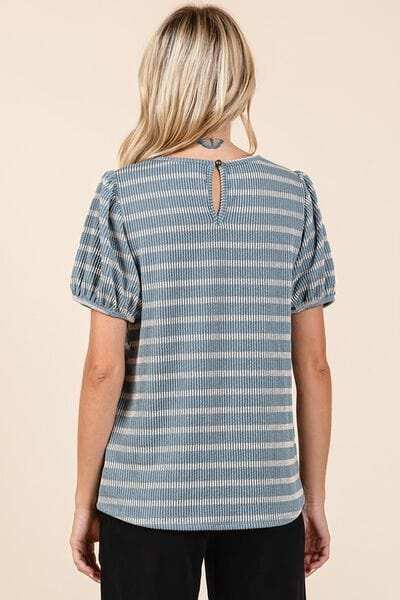 Mittoshop Contrast Striped Short Puff Sleeve Knit Top - Trendsi - Flyclothing LLC