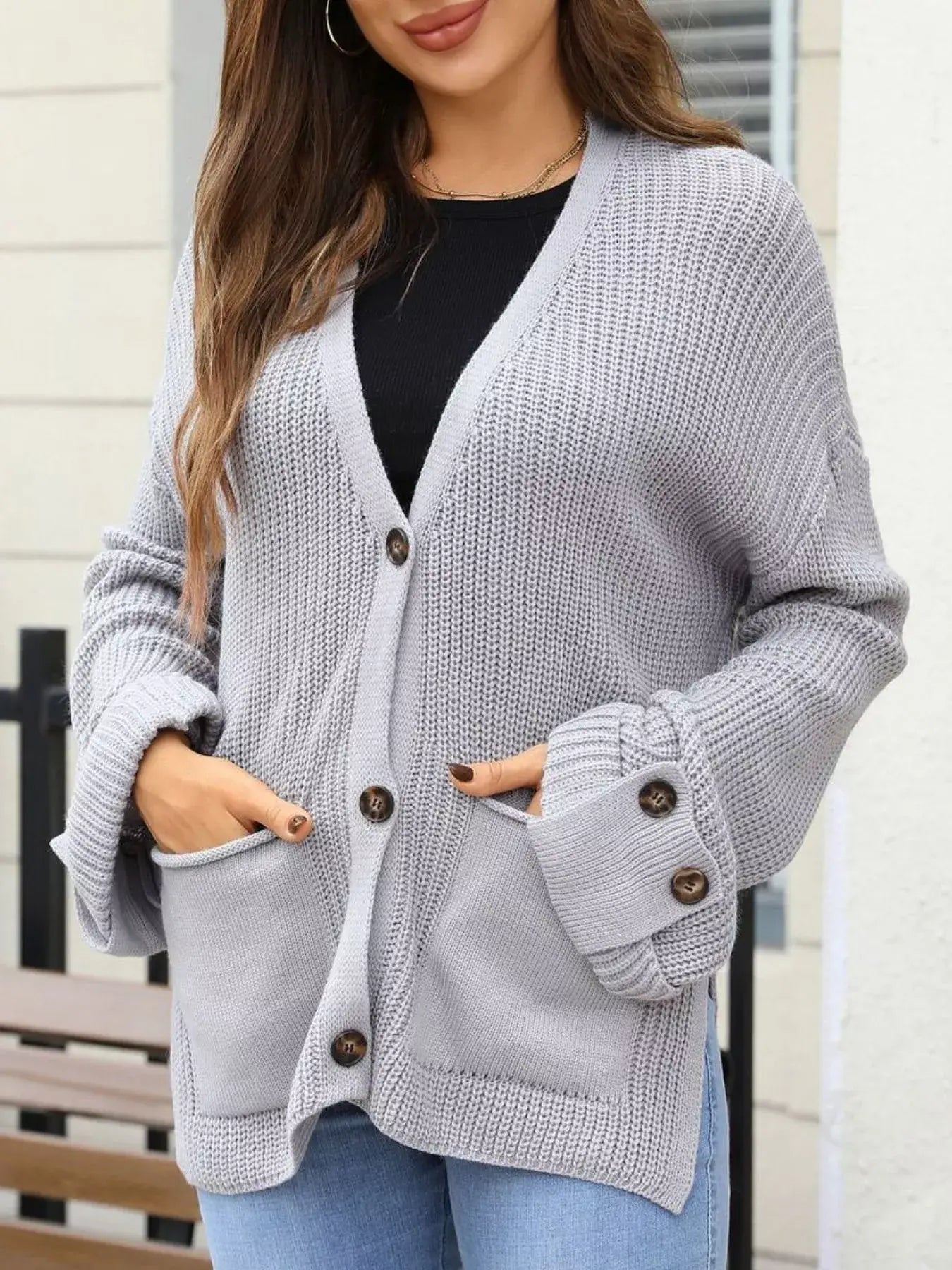 Oversized Knit Button-Down Cardigan - Trendsi - Flyclothing LLC