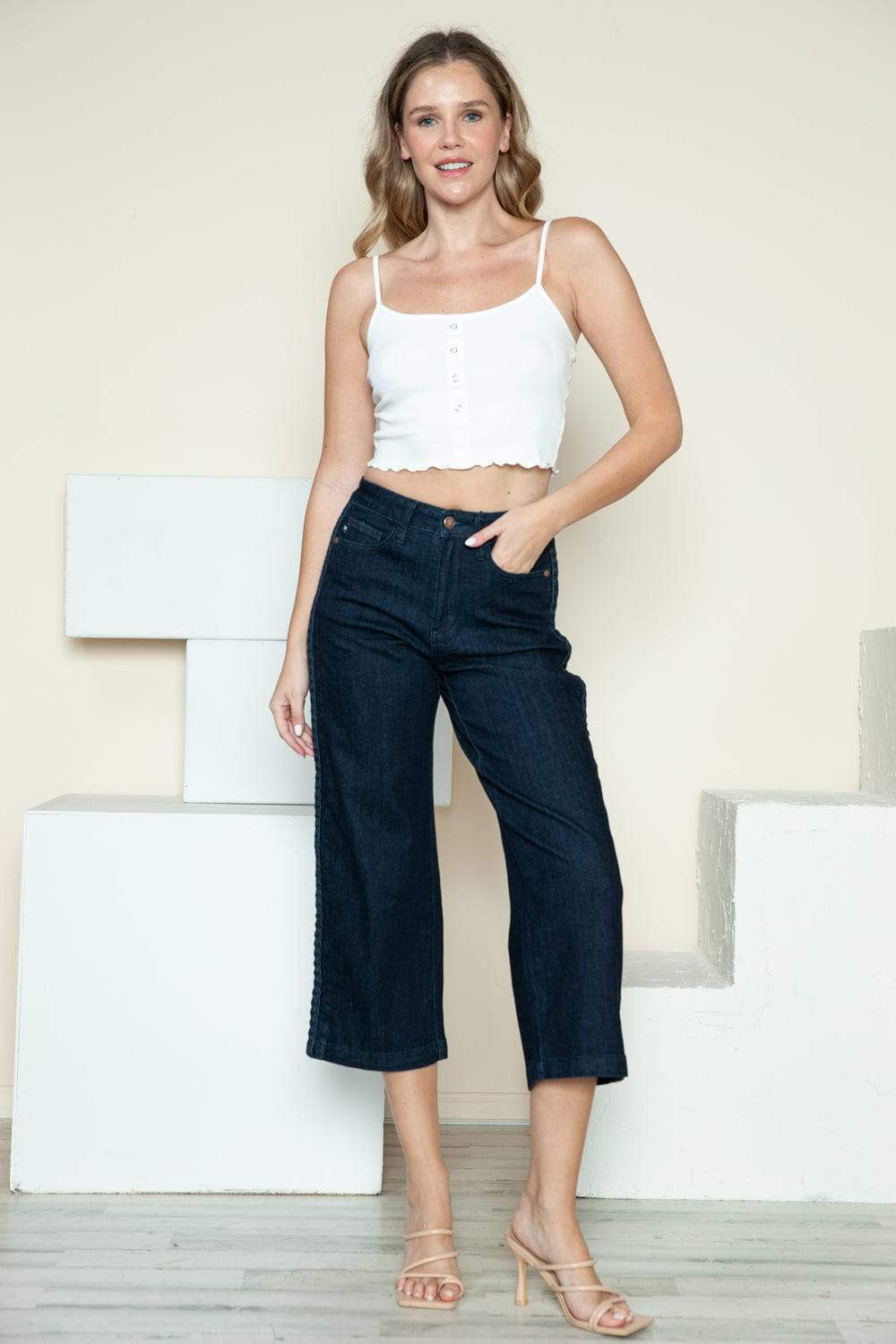 Judy Blue Full Size Side Seam Braid Detail Crop Wide Leg Jeans - Trendsi - Flyclothing LLC