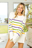 BiBi Ribbed Hem Mardi Gras Stripe Sweater - Trendsi - Flyclothing LLC