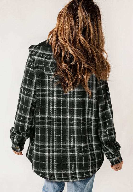 Plaid Button Up Long Sleeve Hooded Jacket - Trendsi - Flyclothing LLC