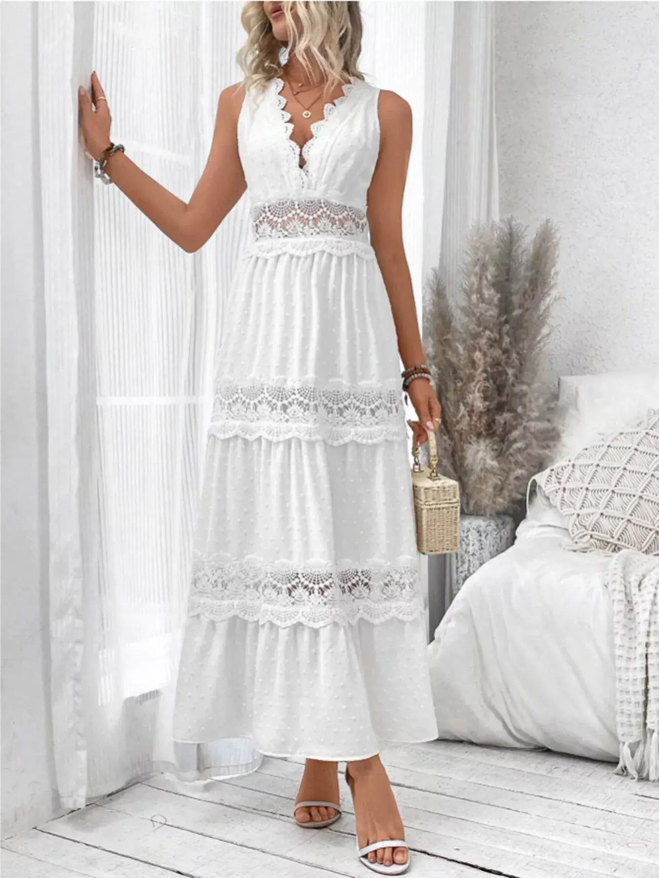 Full Size Lace Detail Tie Back Sleeveless Tiered Dress Plus Size - Trendsi - Flyclothing LLC