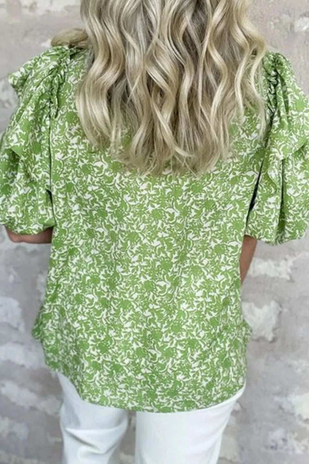 Floral Ruffle Puff Short Sleeve Frilled Notched Blouse - Trendsi - Flyclothing LLC