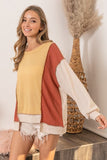 BiBi Waffle-Knit Exposed Seam Color Block Uneven Hem Top - Trendsi