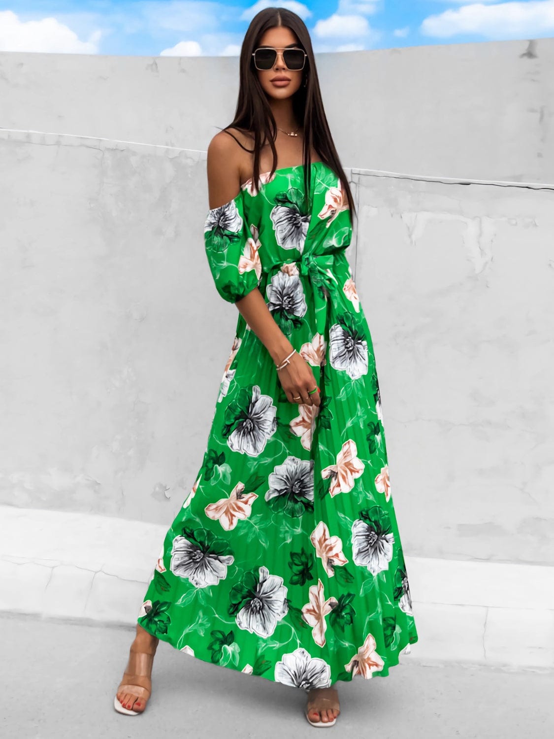 Pleated Floral Off-Shoulder Short Sleeve Midi Dress - Trendsi