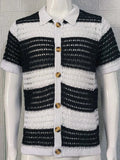 Men's Button Down Collared Neck Contrast Openwork Shirt - Trendsi