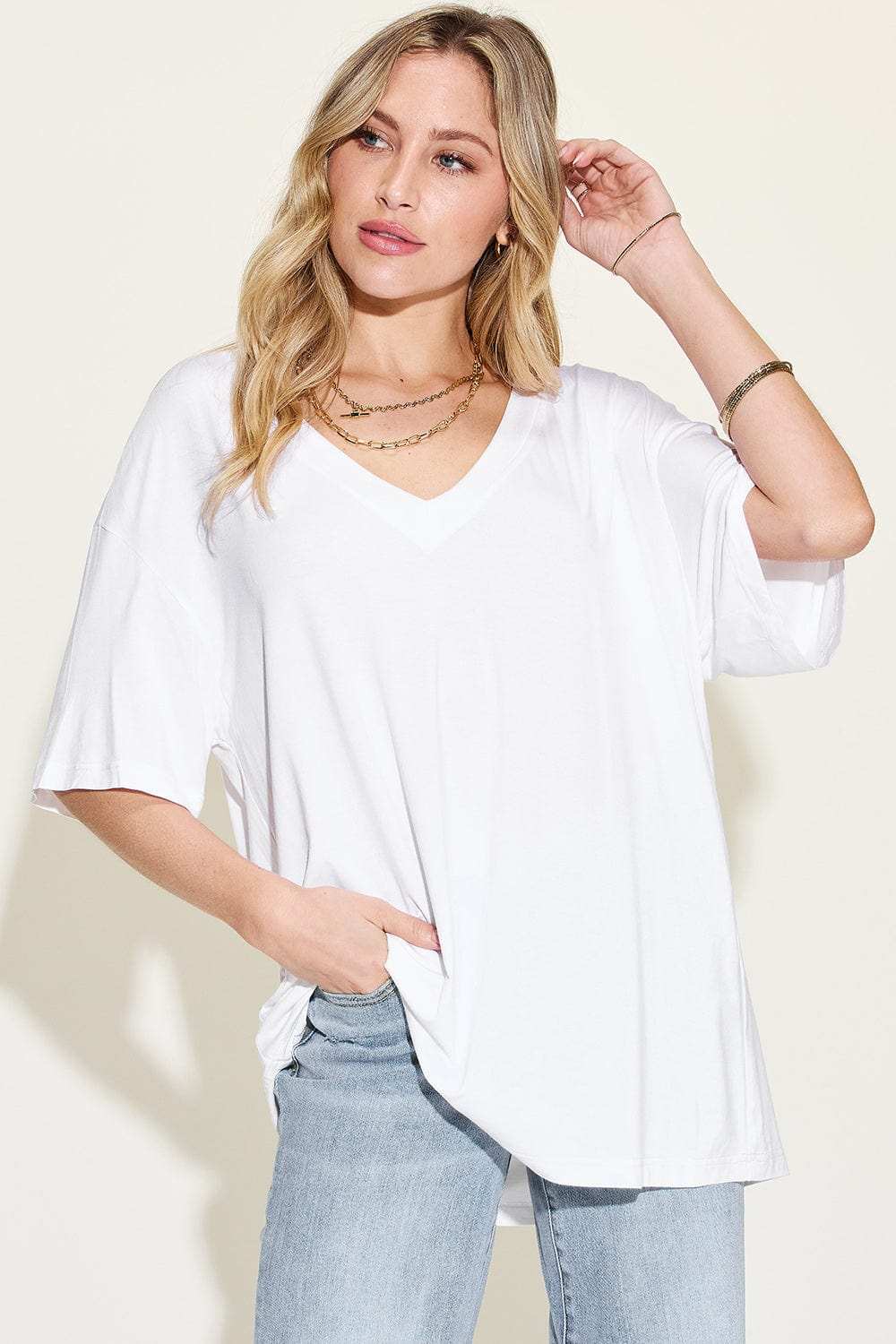 Basic Bae Full Size Bamboo V-Neck Drop Shoulder T-Shirt - Trendsi - Flyclothing LLC
