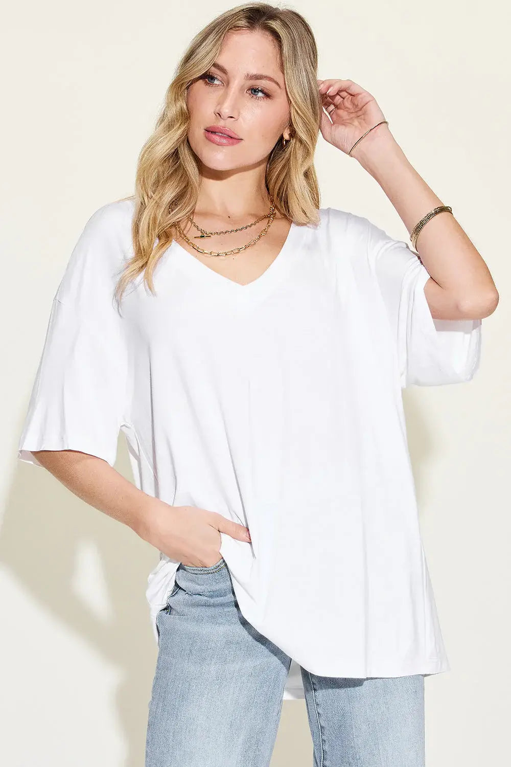 Basic Bae Full Size Bamboo V-Neck Drop Shoulder T-Shirt - ShopBasicbae - Flyclothing LLC