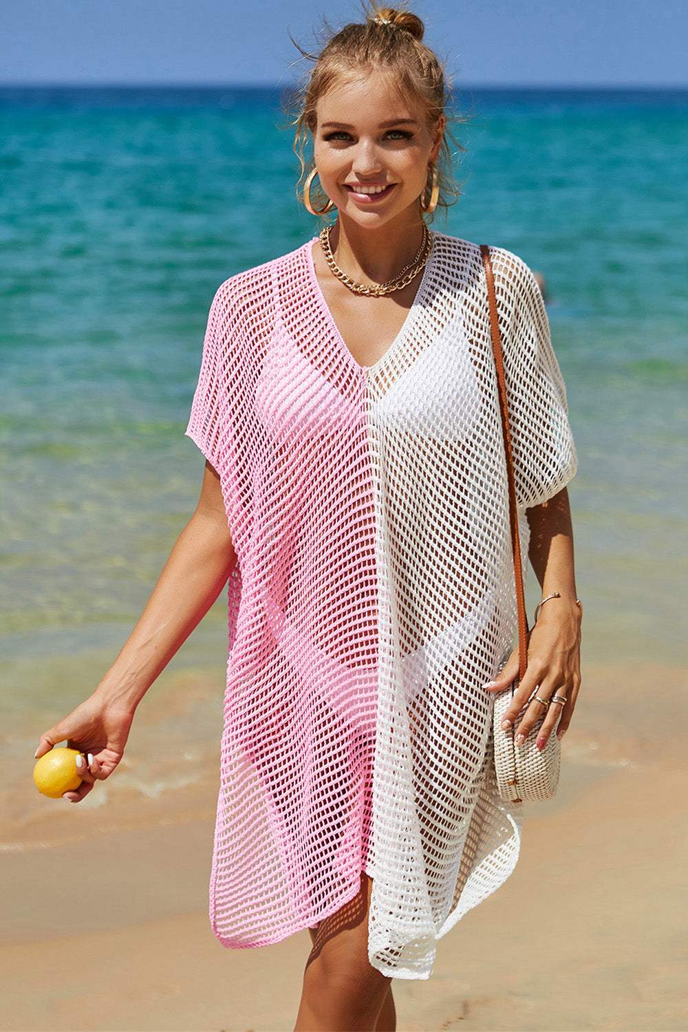 Double Take Openwork Contrast Slit Knit Cover Up - Trendsi - Flyclothing LLC