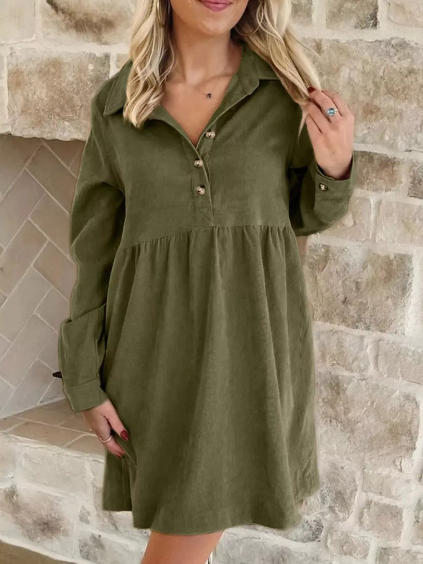 Casual Corduroy Button Detail Mini Dress - Trendsi - Flyclothing LLC