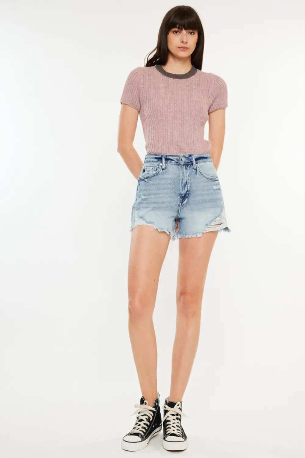 Kancan Distressed High Waist Denim Shorts with Pockets - Trendsi - Flyclothing LLC