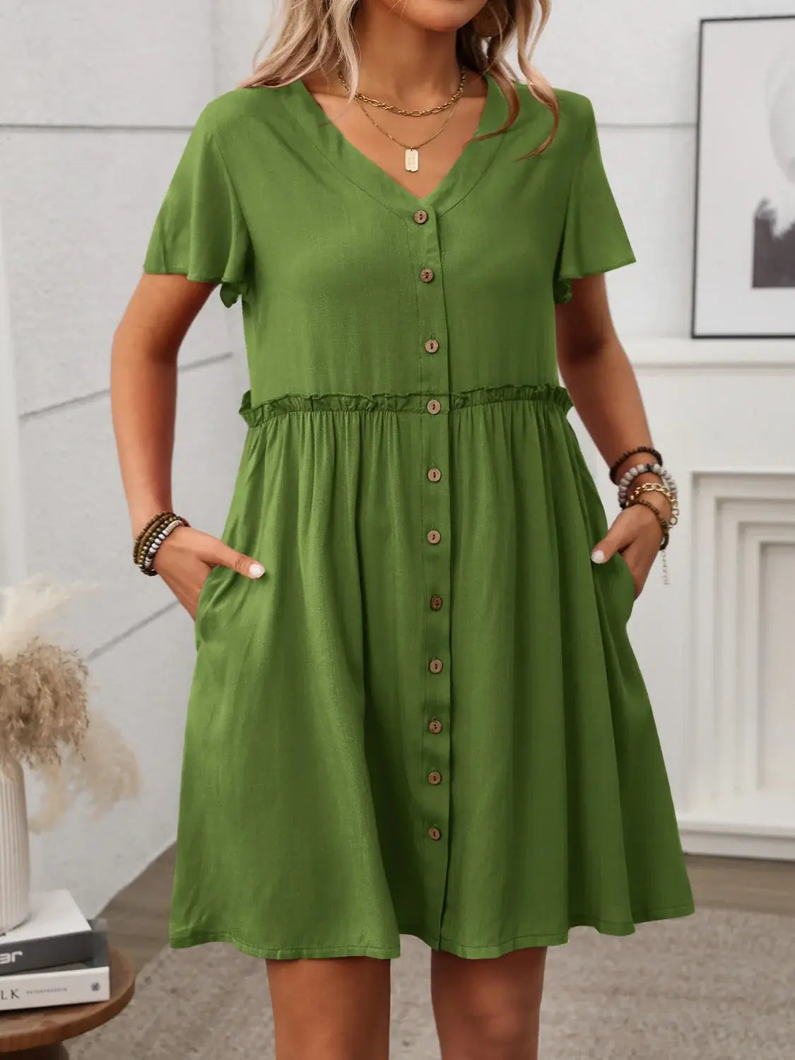 Button Front Flutter Sleeve Dress - Trendsi - Flyclothing LLC