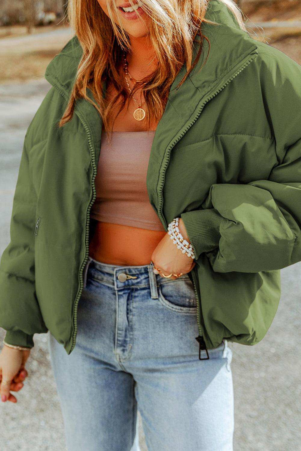 Zip Up Collared Neck Coat with Pockets - Trendsi - Flyclothing LLC