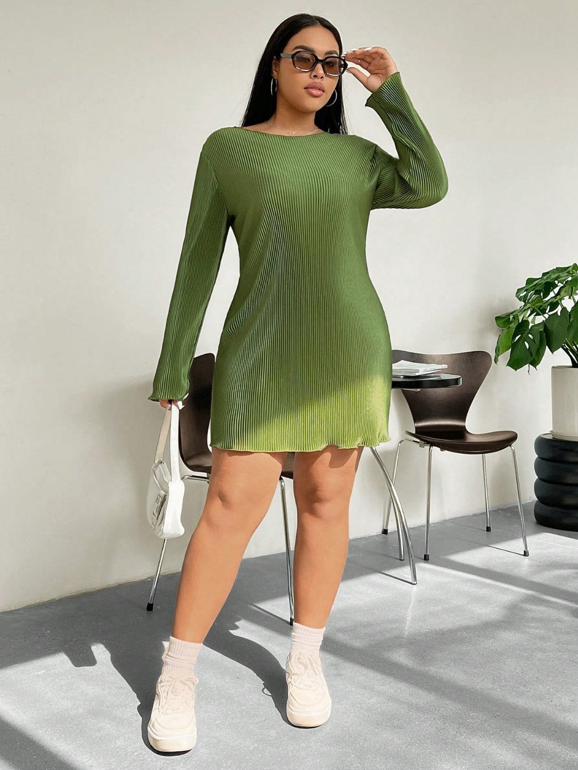 Honey Plus Size Lettuce Hem Round Neck Long Sleeve Dress - Trendsi